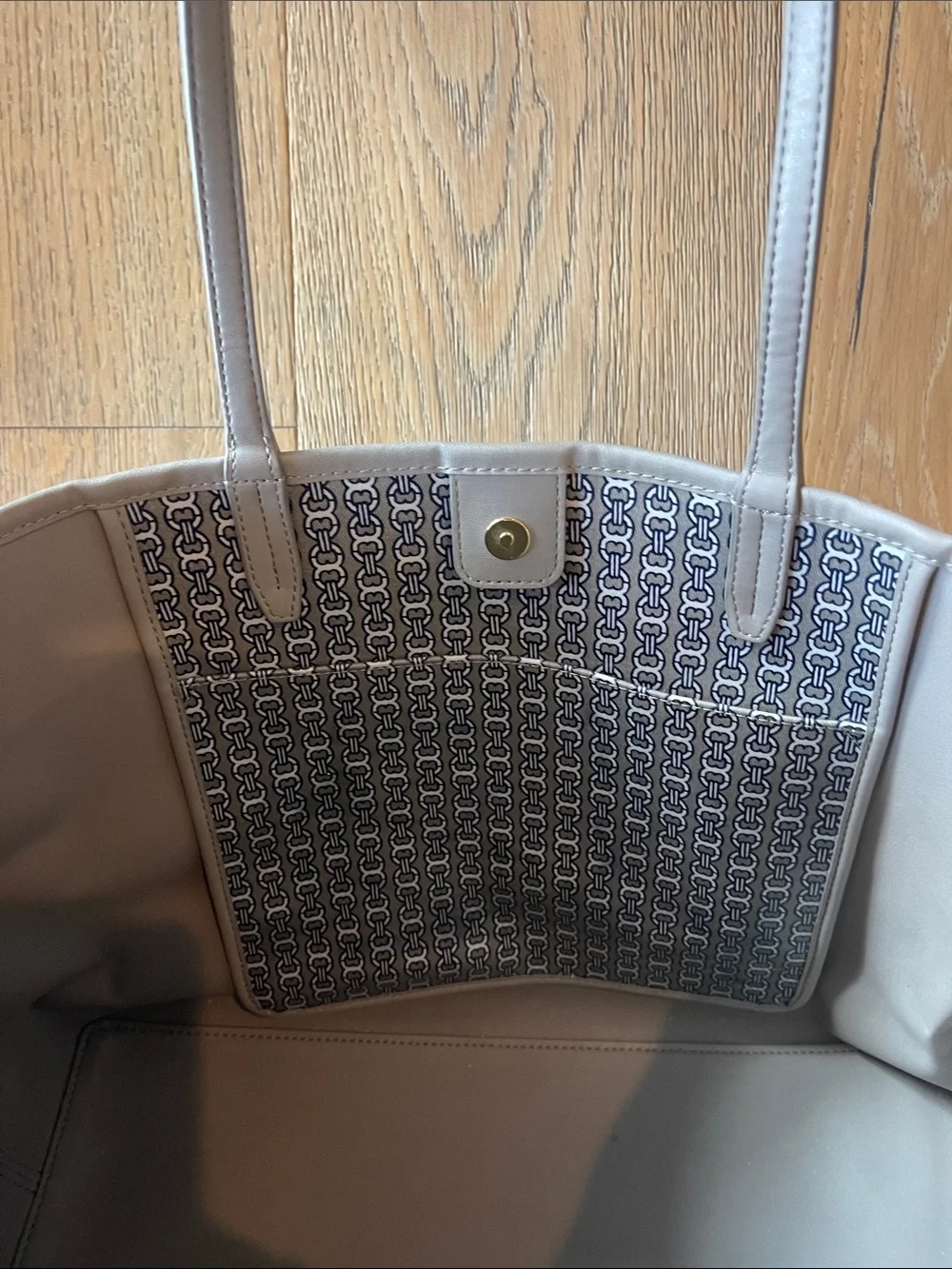 Tory Burch Navy and Gray Logo Stripe Tote with Center Stripe